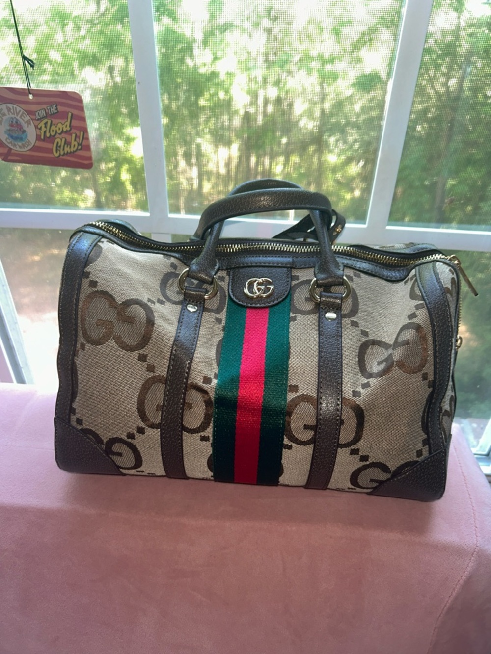 Designer-Inspired GG Monogram Weekender Bag in Beige with Green & Red Stripe